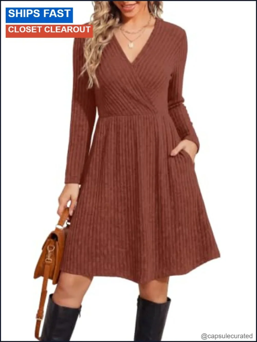 Womens Long Sleeve Wrap Sweater Dress Ribbed Knit V Neck with Pockets